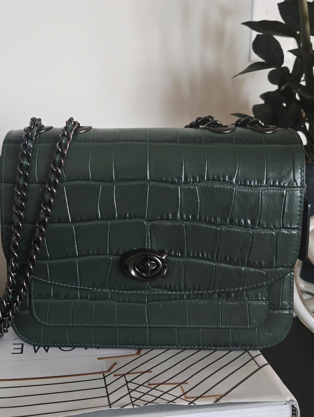 Coach Madison Dark Green Croc-Embossed Leather  Shoulder Bag